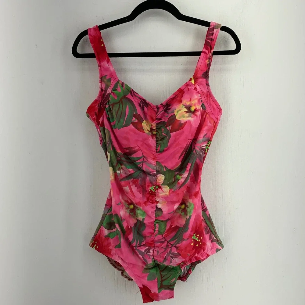 Maxine Pink Tropical Floral Ruched One Piece Swimsuit V-Neck Size 10